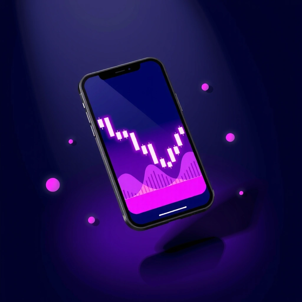 Interfaz de móvil flotando con gráficos de velas japonesas abstractas en estilo neón violeta